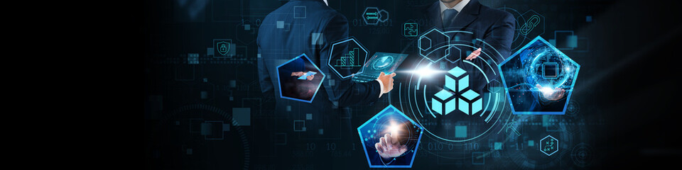 Blockchain Technology Concept: Decentralization, transparency, security, digital ledger, smart contracts, cryptocurrency, and data integrity on global business network.