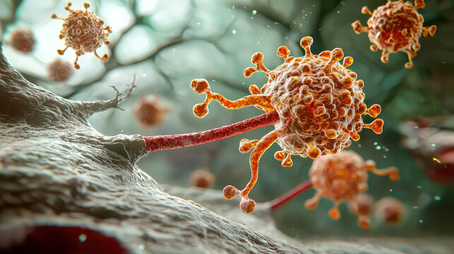 Futuristic depiction of interferon secretion with glowing immune cell interactions