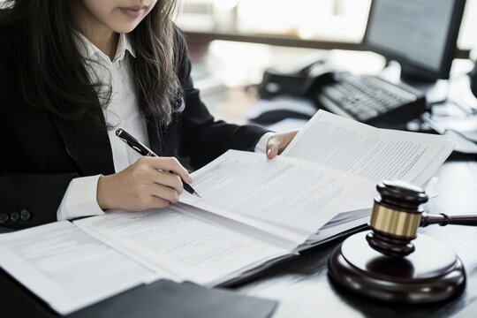 Lawyer working on court documents with gavel