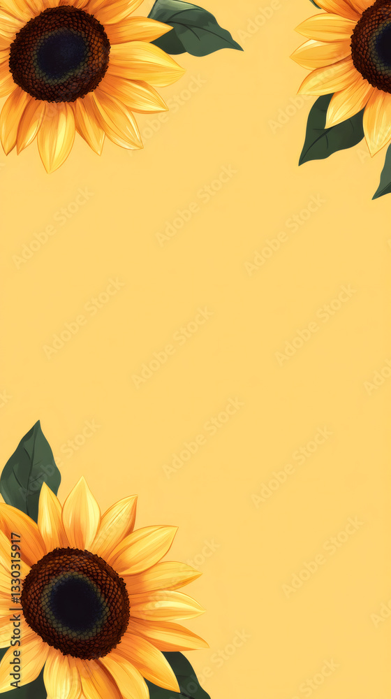 Poster sunflowers with green leaves frame a yellow background, creating a vibrant and cheerful summery comp