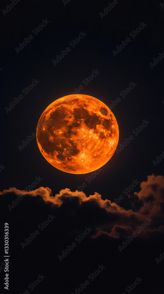 Poster intense orange full moon rising over dark clouds at night, creating a dramatic and mysterious atmosp