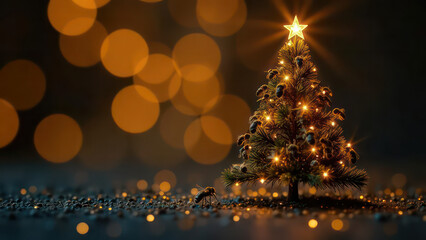 Christmas tree made of bees on dark surface with gold lights and bokeh