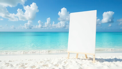 Blank white board standing on a tropical beach with blue ocean and white sand 