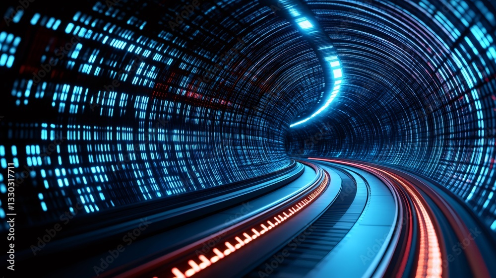 Wall mural futuristic data stream tunnel with light trails speeding through cyberspace