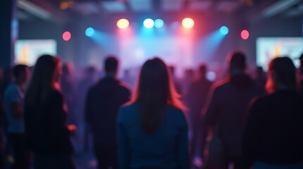 Blurred figures of people standing in front of a stage with bright red and blue lights