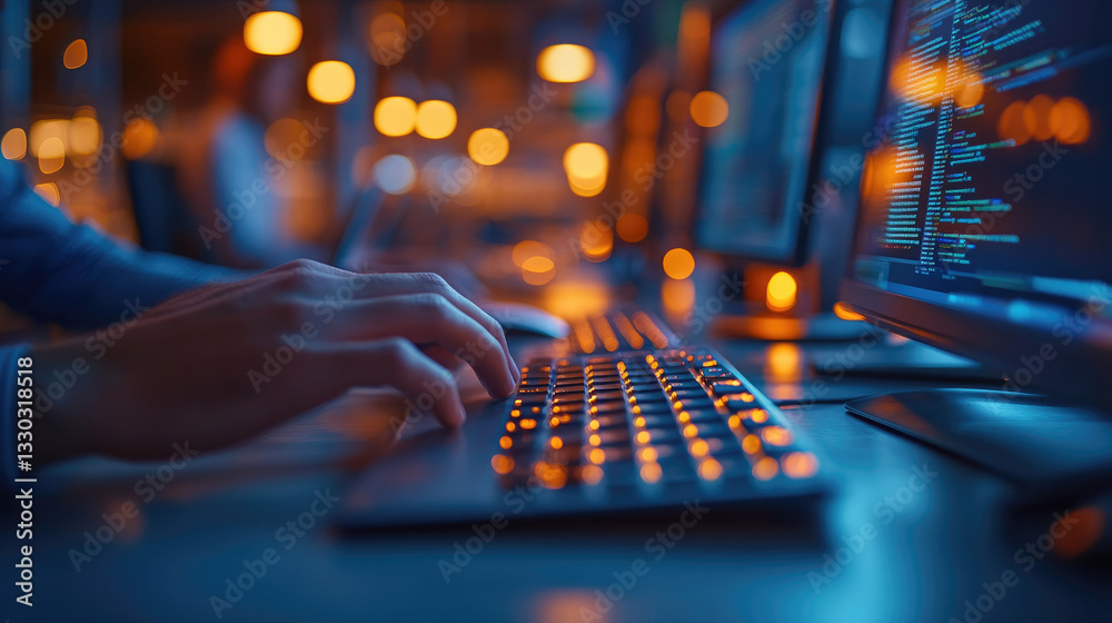 Leinwandbilder Software developer programming on computer in office at night