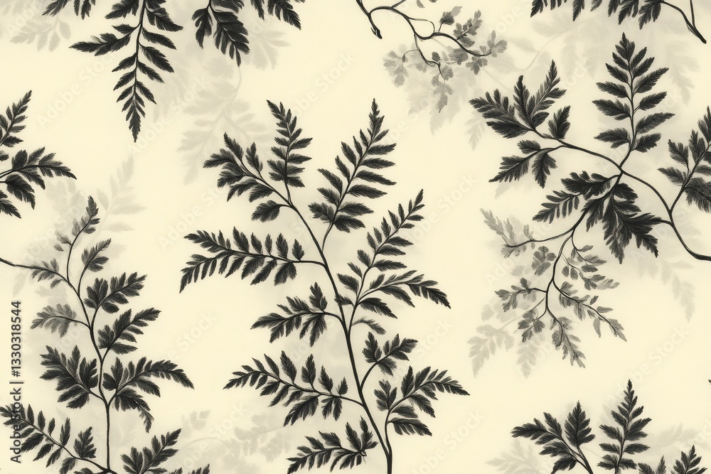 Poster Dark fern leaves creating repeating pattern on light yellow background