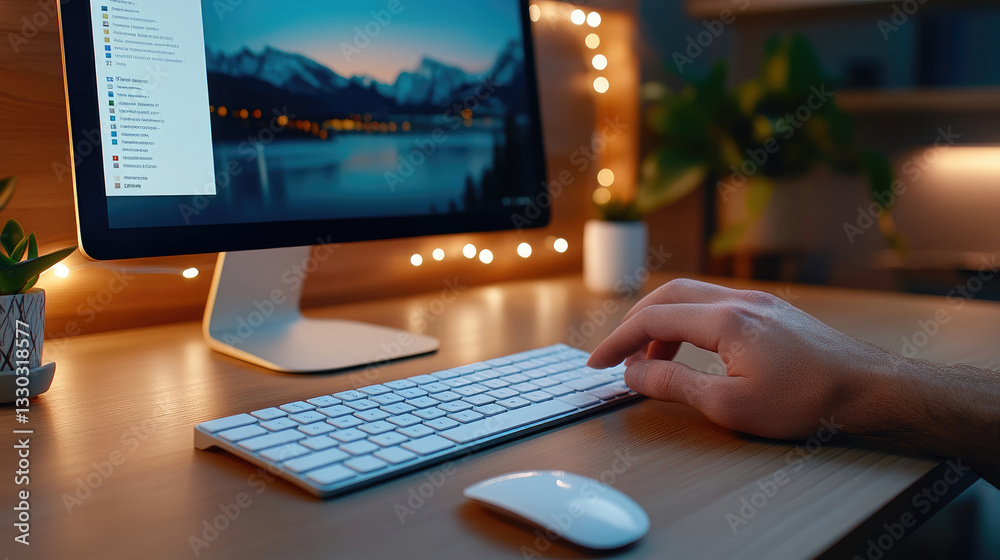 Leinwandbilder Software developer working from home at night using desktop computer