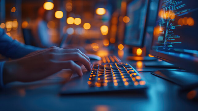Software developer programming on computer in office at night