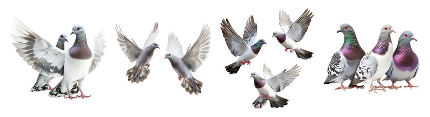 Obraz premium Colorful Pigeons in Various Flying and Perching Positions, PNG bundle collection, Isolated on Transparent Background
