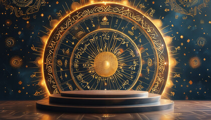 Nowruz product display background podium, Celestial Persian Elegance, intricate Persian calligraphy golden astrological symbols, Zoroastrian, cosmic significance of Nowruz, ad, podium platform