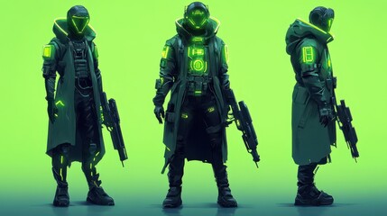 A futuristic character in a stylish glowing green armor