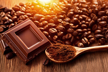 Chicchi di caff&egrave; in granuli cacao e barretta di cioccolato su un piano in legno