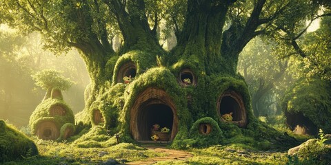 Naklejka premium A giant enchanted tree dwelling within a flourishing vibrant forest