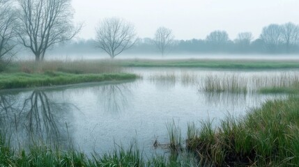 Fototapeta premium Misty wetland landscape reflecting trees