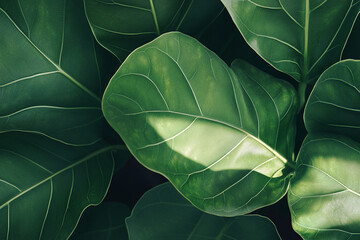 Lush green leaves showcasing intricate textures and patterns under soft sunlight in a serene indoor setting