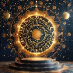 Fototapeta premium Nowruz product display background podium, Celestial Persian Elegance, intricate Persian calligraphy golden astrological symbols, Zoroastrian, cosmic significance of Nowruz, ad, podium platform