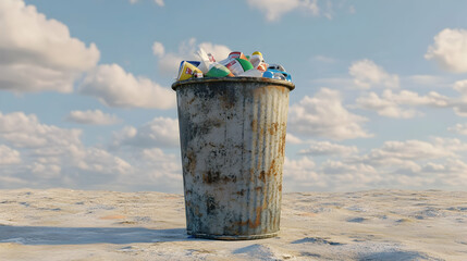 3D illustration of a sad trash can filled with garbage