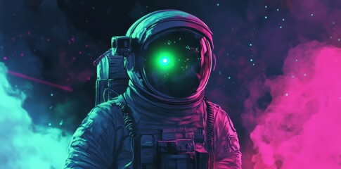 An astronaut in a spacesuit observes a nebula with green light
