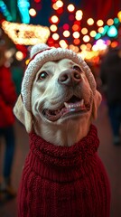 Happy Labrador wearing a Christmas hat and sweater.
