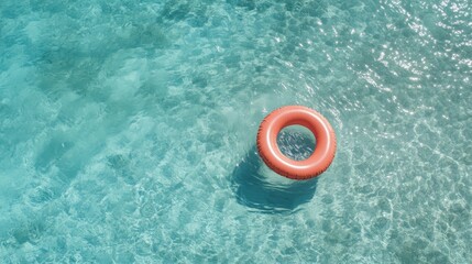 Bright neon pink inflatable lounger gently floating on clear blue water in a tranquil outdoor setting
