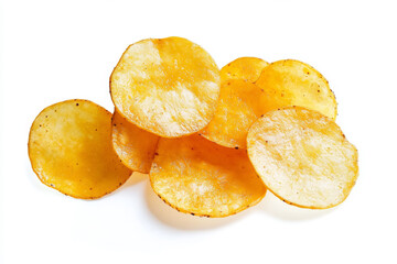 Thin sliced crunchy potato chips in natural lighting isolated on a white background