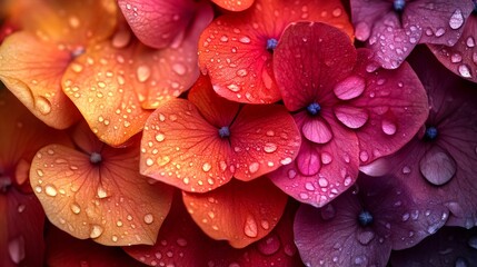 Colorful hydrangea macro showing water droplets after rain