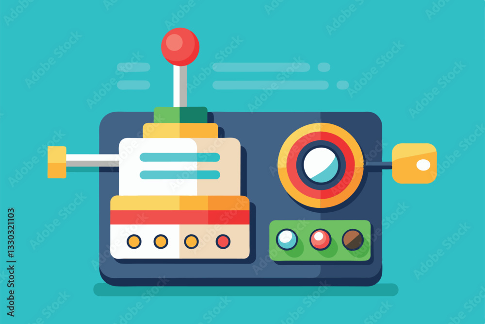 Poster a flat illustration features a colorful control panel with toggles and buttons designed for customiz