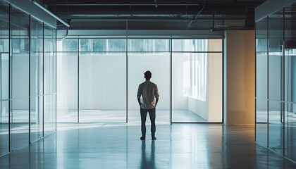 Fototapeta premium man has been left in the room with glass wall.he is trying to get out of the room