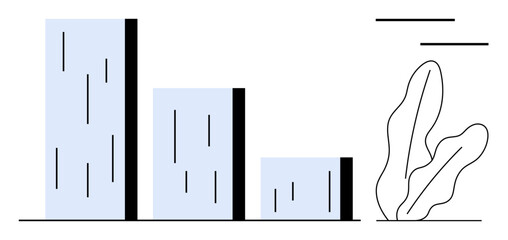 Minimalist bar chart with three descending bars next to abstract plant illustration, suggesting growth, analysis, or eco themes. Ideal for data trends, productivity, finance, environment, education