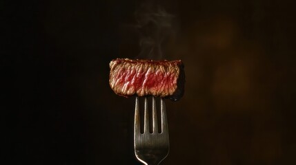 Perfectly seared steak on a fork, steaming hot