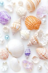 Collection of exotic seashells and ocean treasures showcases iridescent pearls and unique marine fossils in a stunning botanical-style arrangement
