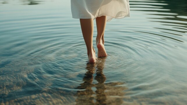 Woman in a light summer dress walking barefoot through calm waters at sunset