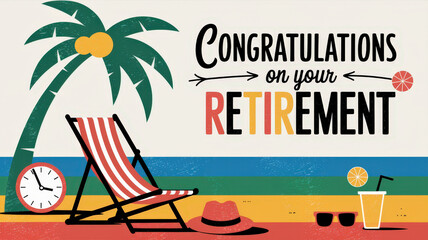 Tropical beach-themed retirement celebration illustration with text Congratulations on your Retirement featuring a palm tree, deck chair, clock, hat, sunglasses, and drink.