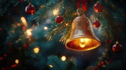 Illuminated Christmas bell ornament on a tree branch