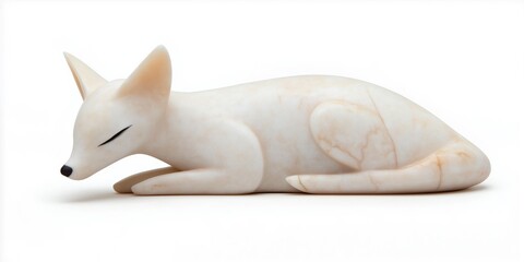 A white cat statue is laying down on a white background. The statue is of a cat with its eyes closed and its mouth open. The statue is made of white marble and has a peaceful and serene appearance