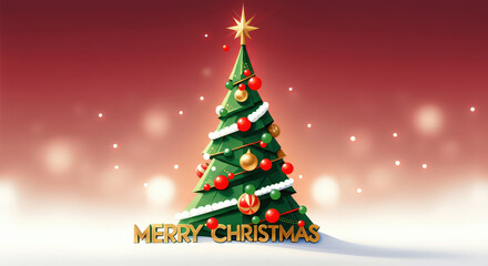 Festive Christmas tree decorated with ornaments and star topper, glowing lights, and Merry Christmas text on a red gradient background