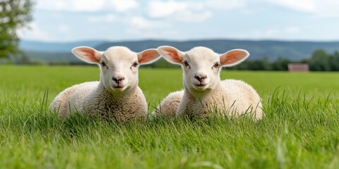 Obraz premium Two fluffy white sheep are resting on a lush green field. They are laying down and enjoying the warm sun on their backs. The grass is tall and green. The scene is peaceful and serene