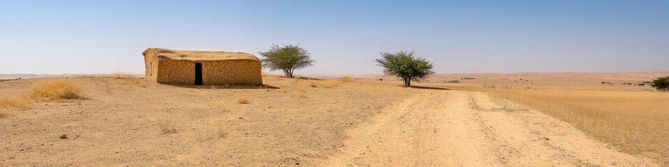 A small hut is in the middle of a desert. The hut is made of straw and has a thatched roof. The desert is barren and dry, with no vegetation in sight