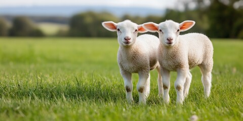 Fototapeta premium Two baby lambs standing in a grassy field. The grass is green and lush. The lambs are looking at the camera