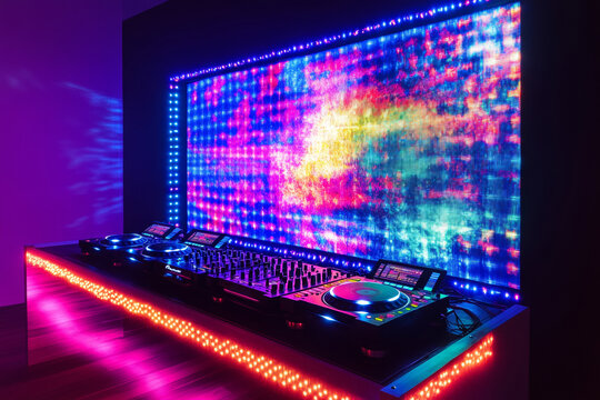 A DJ booth features dynamic LED lights in various colors, while an abstract visualizer displays mesmerizing patterns on a large screen in a lively atmosphere