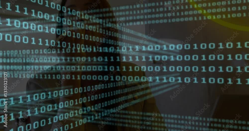 Aufkleber in school, person working on computer with binary code animation overlaying screen