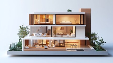 3D architectural model of a modern home with cutaway view and minimalist interior design

