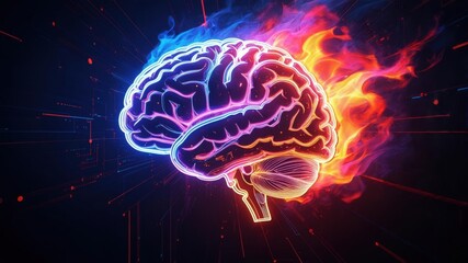Futuristic glowing brain illustration with neon lights and fiery effects, symbolizing artificial intelligence, creativity, and innovation