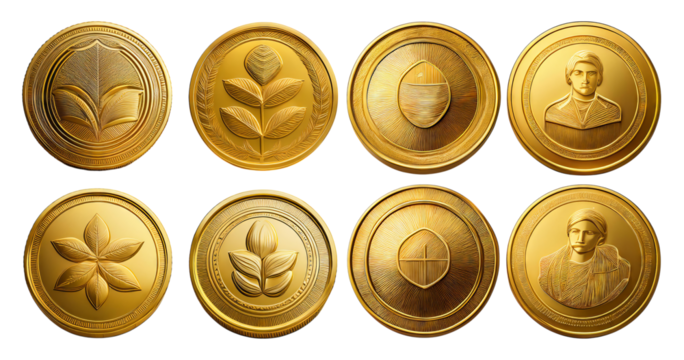 Golden Emblems with Intricate Designs and Symbolic Representations, isolated on transparent background