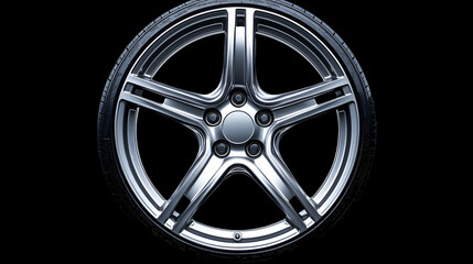 Obraz premium Alloy wheel with tire brake and rim isolated on a black background, showcasing new car parts