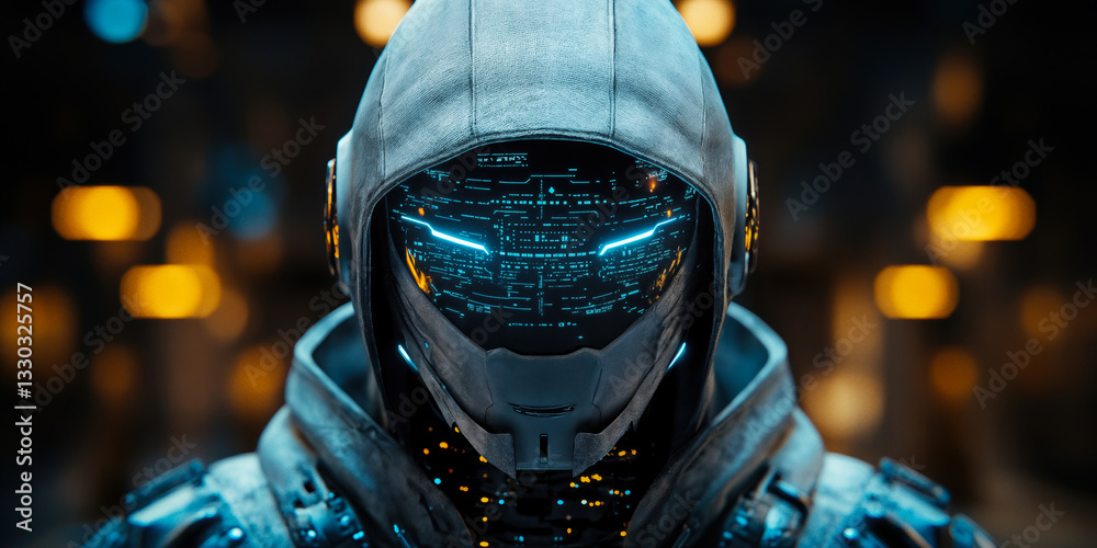 Poster cybernetic entity in hoodie with digital face in futuristic cyber environment glowing with data stre