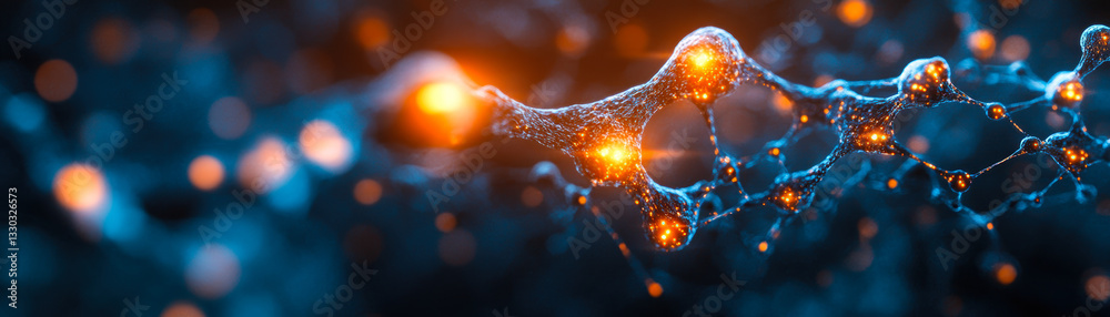 Poster abstract visualization of a glowing network with interconnected nodes and links in blue and orange c