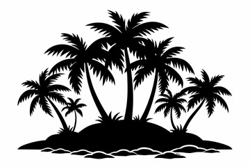 island with palm trees line art silhouette vector illustration