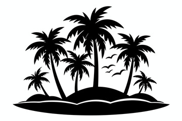 island with palm trees line art silhouette vector illustration